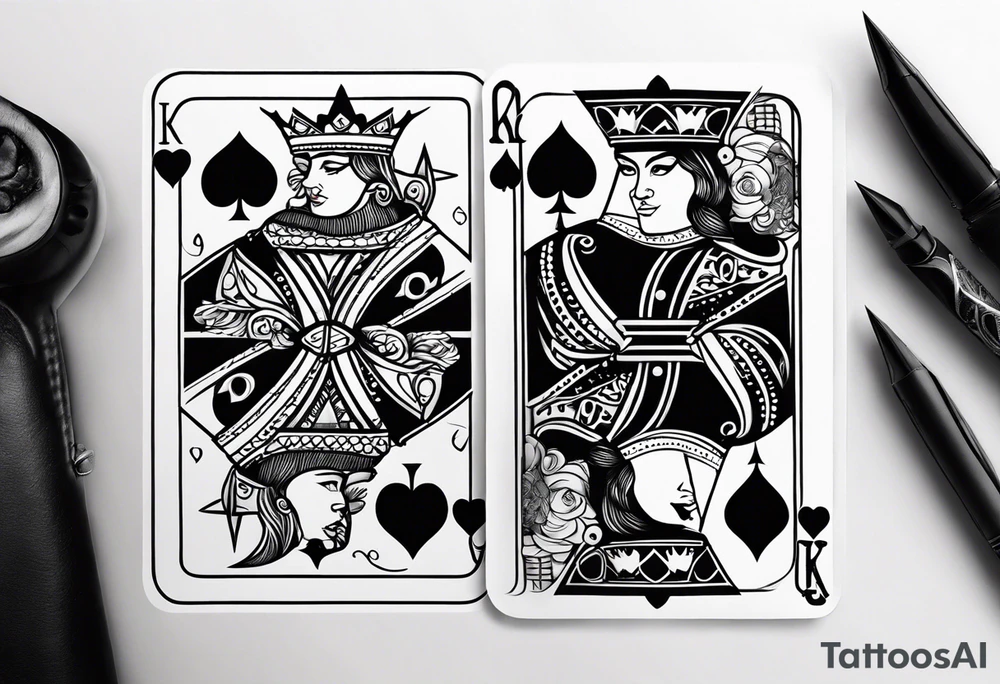 one playing card with both queen of hearts and king of spades incorporated in extreme minimalistic style tattoo idea