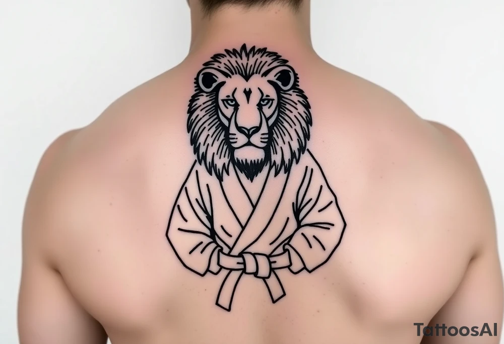 Lion wearing a Brazilian jiu jitsu gi as a person would along side his two sons. The surrounding area is the sarenghetti tattoo idea