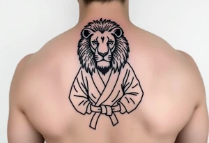 Lion wearing a Brazilian jiu jitsu gi as a person would along side his two sons. The surrounding area is the sarenghetti tattoo idea