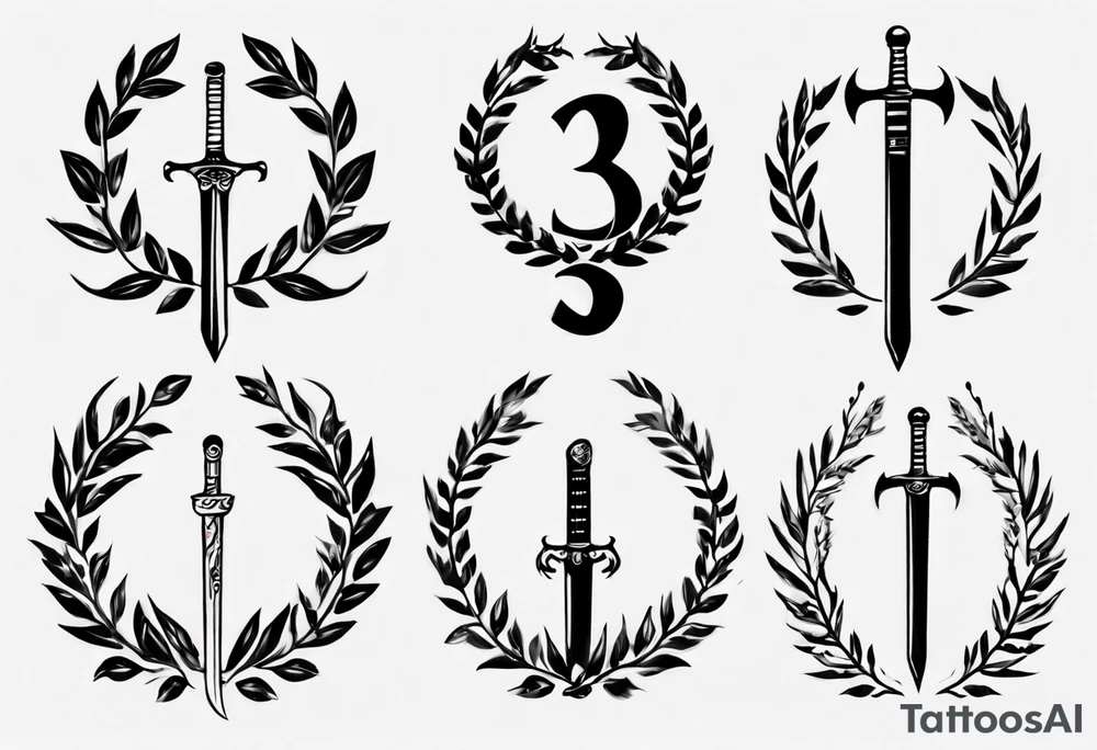 the number 13, a sword, a laurel leaf wreath, and amor fati. tattoo idea
