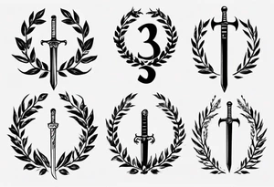 the number 13, a sword, a laurel leaf wreath, and amor fati. tattoo idea