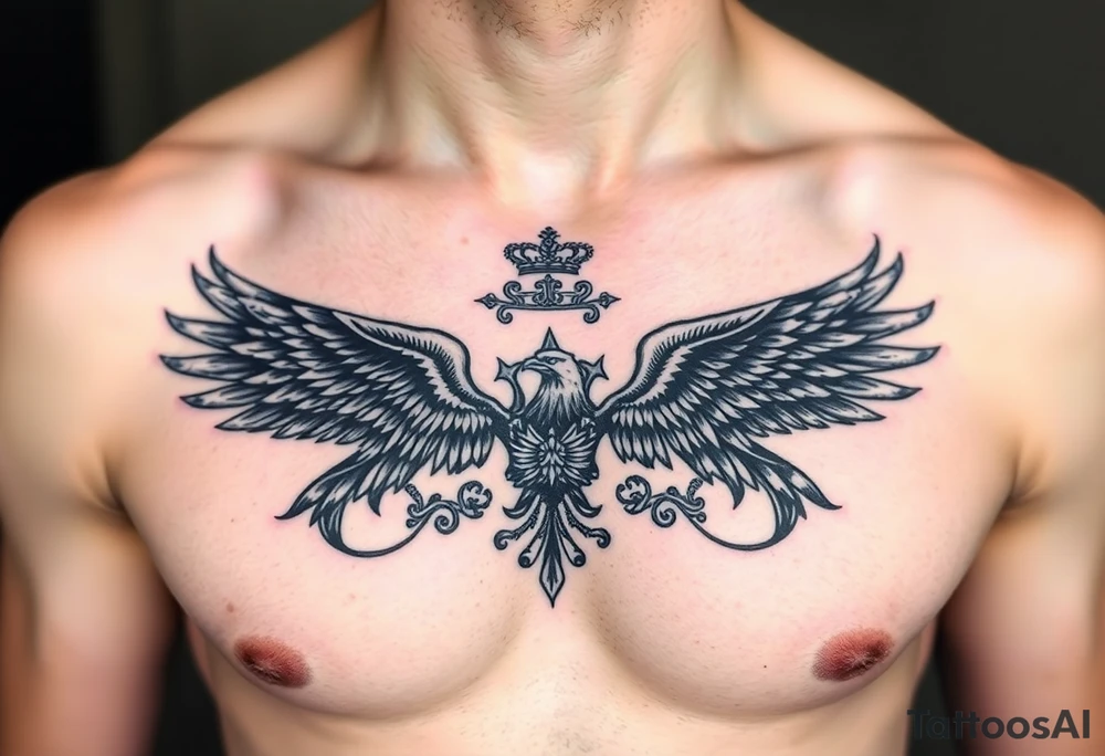 Chest tattoo,powerful two symetricalmajestic darks eagles, surrounded by lure ornaments , between eagles a crown tattoo idea