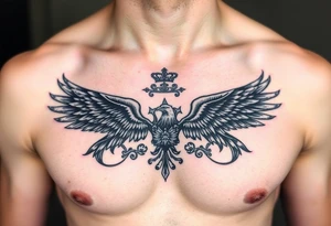 Chest tattoo,powerful two symetricalmajestic darks eagles, surrounded by lure ornaments , between eagles a crown tattoo idea