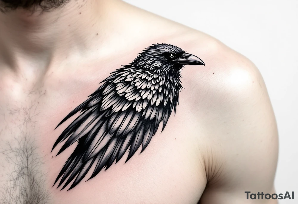 raven on shoulder with wing extended onto chest tattoo idea