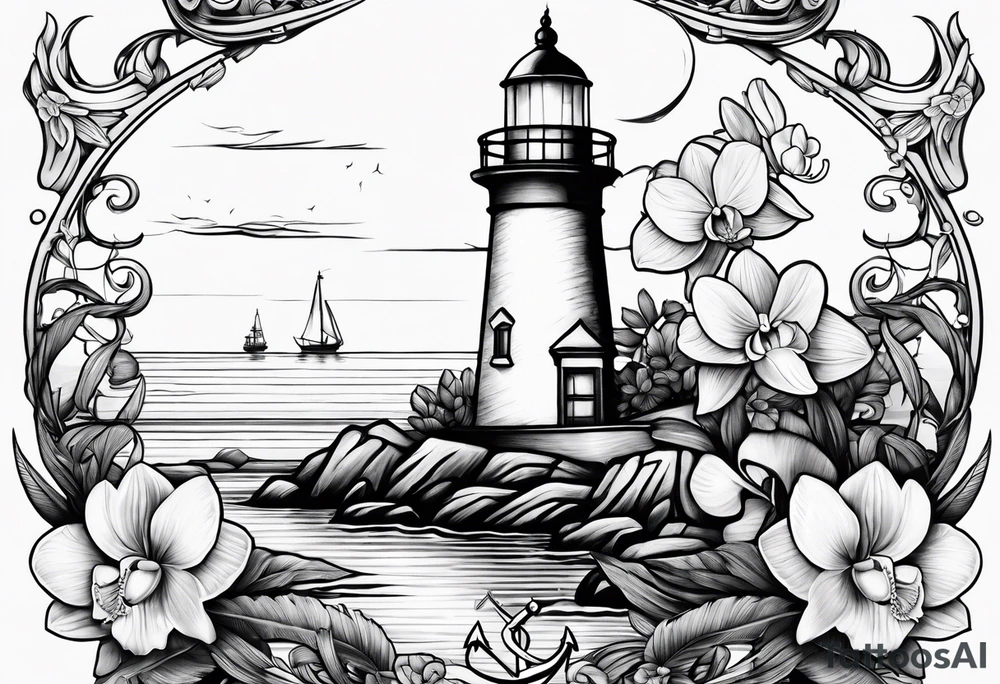 Lighthouse and an anchor and orchids tattoo idea
