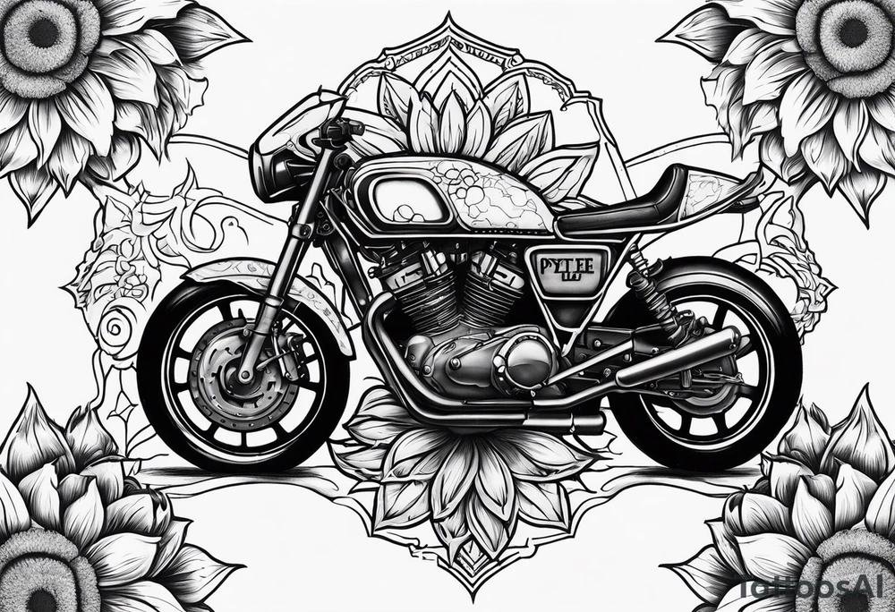 A central cross with the names Kyle Peter Lori on it with lighting a motorcycle and a sunflower around it tattoo idea