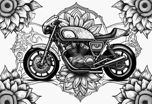A central cross with the names Kyle Peter Lori on it with lighting a motorcycle and a sunflower around it tattoo idea