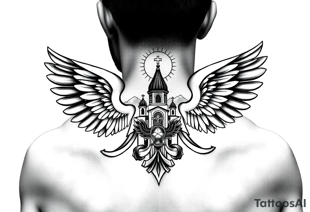 russian coat of arms with both heads visible & wings spanning out on my back neck across on to my shoulders with an orthodox christian church being visible in a mountainous sun beaming setting, with the russian orthodox cross spire of the orthodox church being visible on my neck with a sun beaming in the background that the cross sits inside tattoo idea