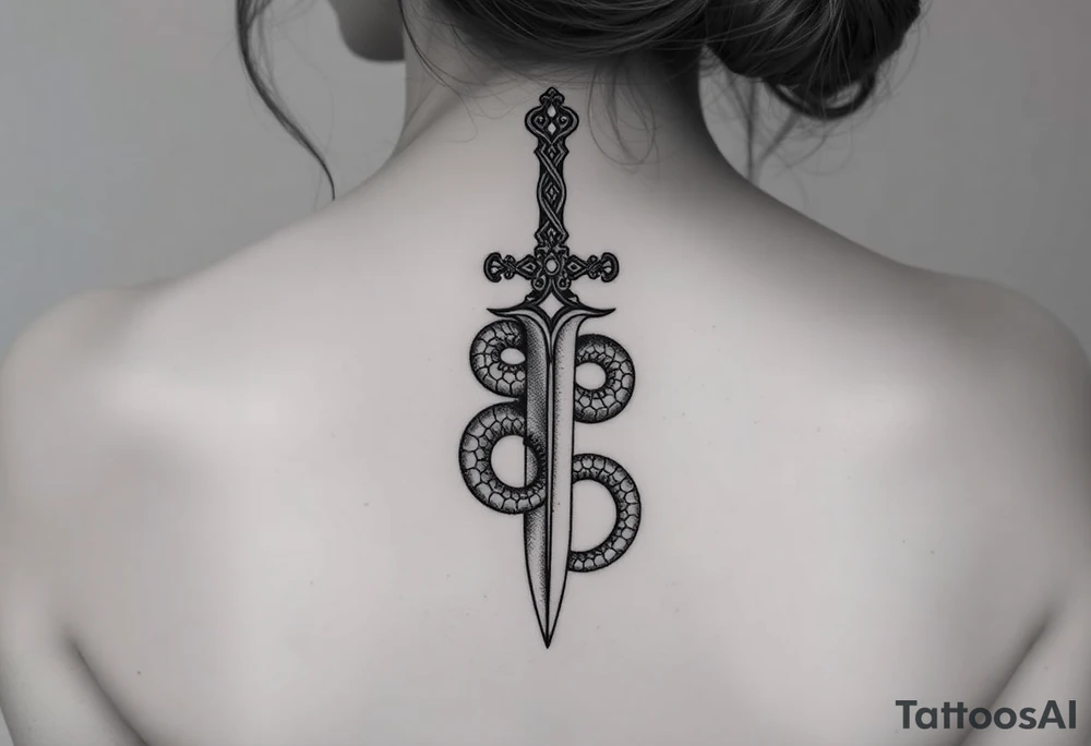 mystical snake coiled around an ancient dagger with jeweled hilt tattoo idea