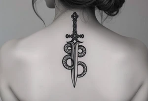 mystical snake coiled around an ancient dagger with jeweled hilt tattoo idea