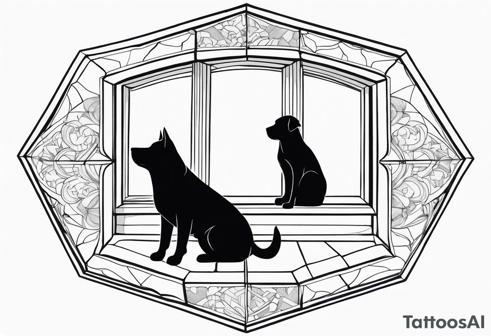 dog and cat sitting on floor and looking out octagonal window together tattoo idea