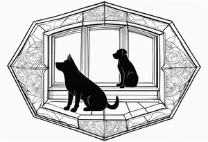 dog and cat sitting on floor and looking out octagonal window together tattoo idea