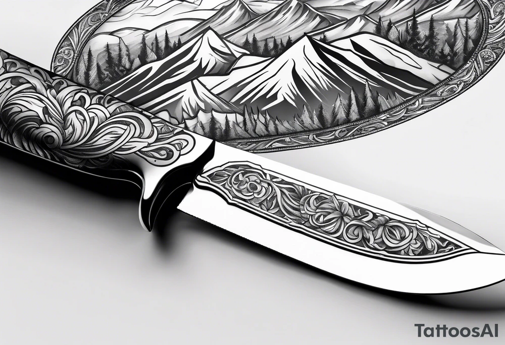 Chef knive with mountain range on the blade of the knife tattoo idea