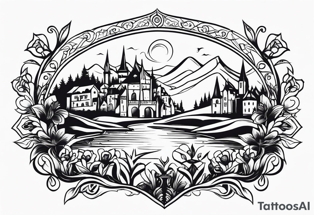 medieval tribal city 
floral  land  vignette tattoo idea