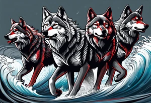 a pack of howling muscular  gray wolves surfing waves with a linear background with red, white and black and gray tattoo idea