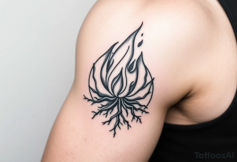 flame in a blooming roots circle tattoo idea