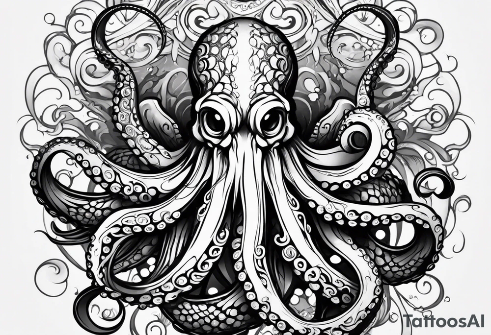 Tribal half sleeve. octopus surrounded by ribbons of water waves filled with fish. the octopus has no eyes. Use thick lines only with less detail. tattoo idea
