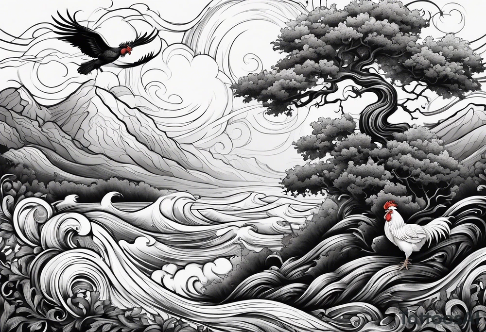oak tree with rooster and roots and waves and three birds tattoo idea