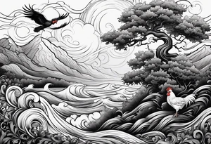 oak tree with rooster and roots and waves and three birds tattoo idea