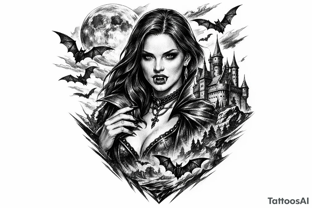 female vampire,bats,full moon,a castle. tattoo idea