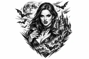 female vampire,bats,full moon,a castle. tattoo idea