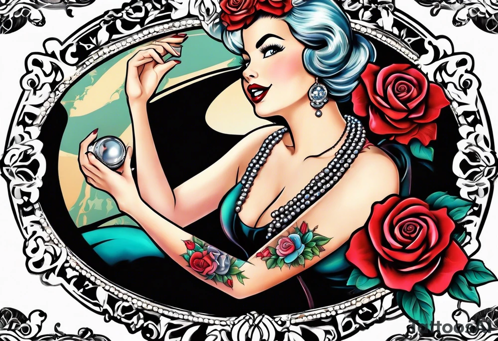 Pearl necklace wrapped around 1950s pinup pumps with roses surrounding tattoo idea