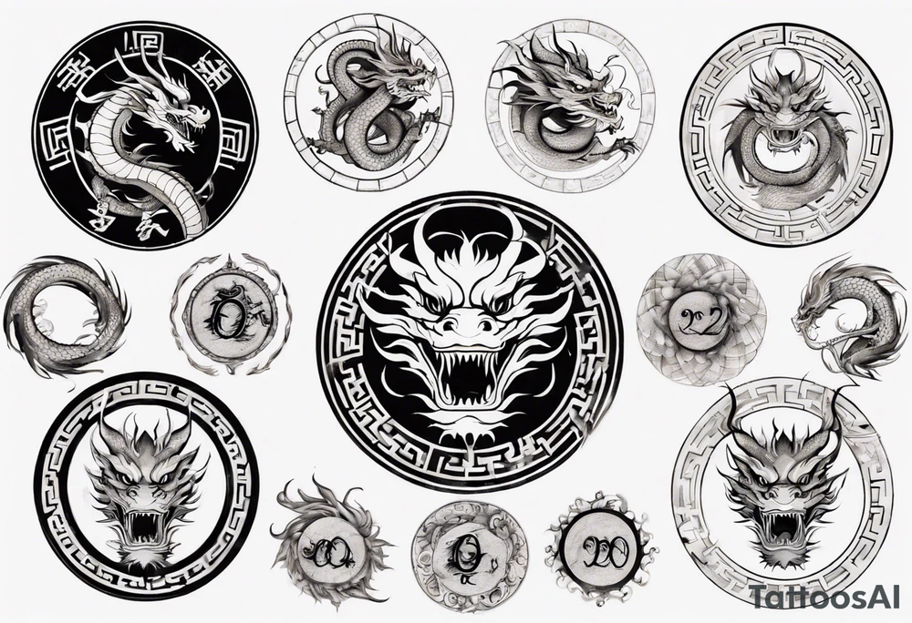 Chinese dragon in a circular shape with "02.03" written on its skin tattoo idea