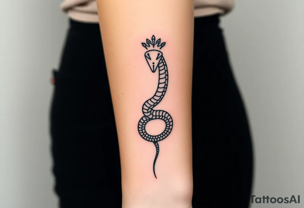 I want a small simple silhouette lines black and white wrist majestic royal snake tattoo that has number 12821 on its body along and also I want it to represent feminine energy crown queen Cycle tattoo idea