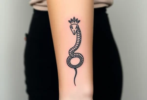 I want a small simple silhouette lines black and white wrist majestic royal snake tattoo that has number 12821 on its body along and also I want it to represent feminine energy crown queen Cycle tattoo idea