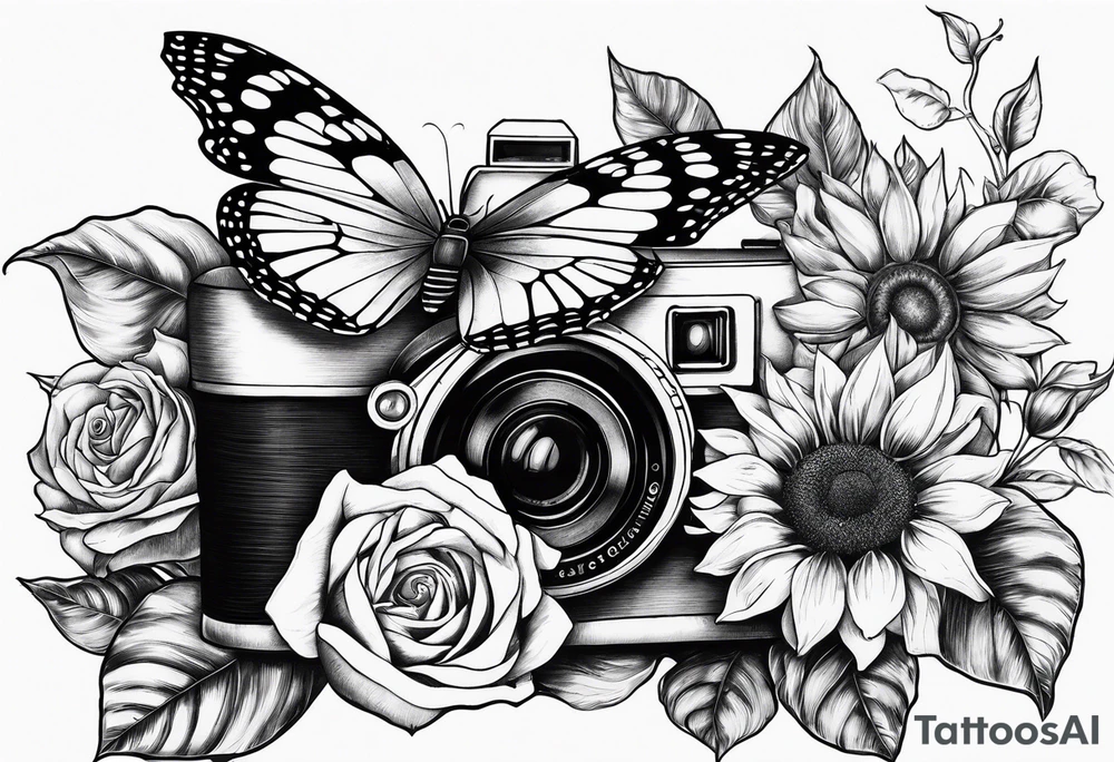 Butterfly, sunflower, camera, book, flower rose tattoo idea