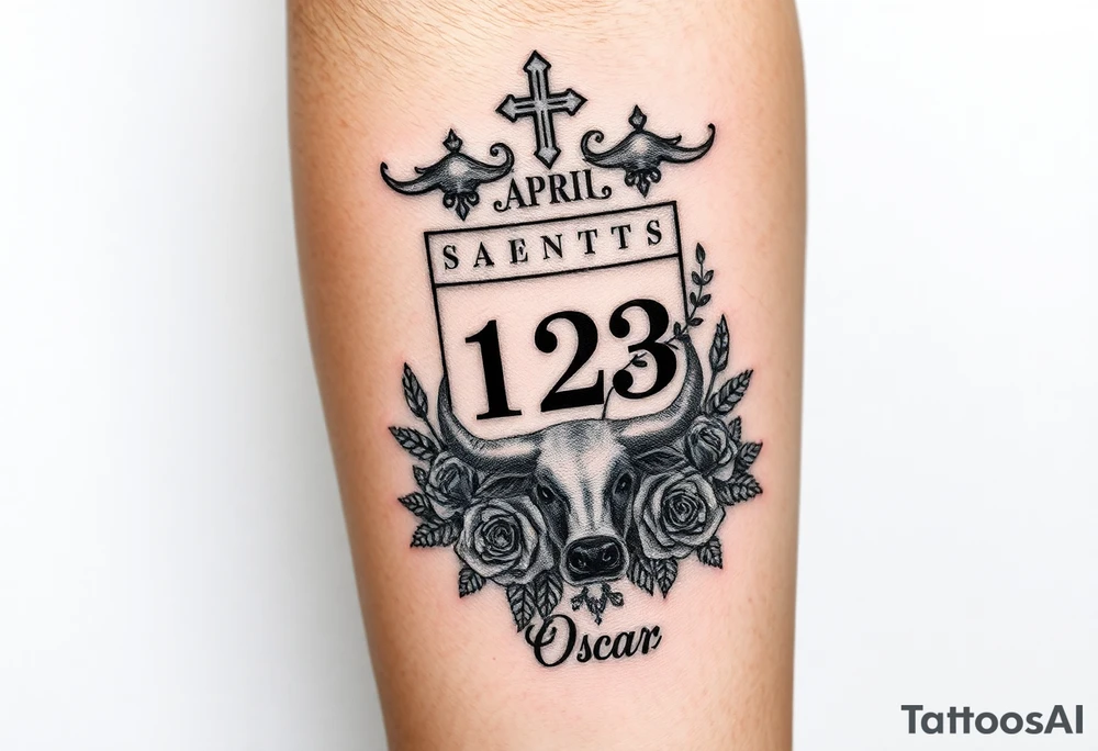 Calendar with the date 12th of April with a cross, roses,  Spanish bull and the name Oscar tattoo idea