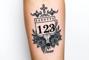 Calendar with the date 12th of April with a cross, roses,  Spanish bull and the name Oscar tattoo idea