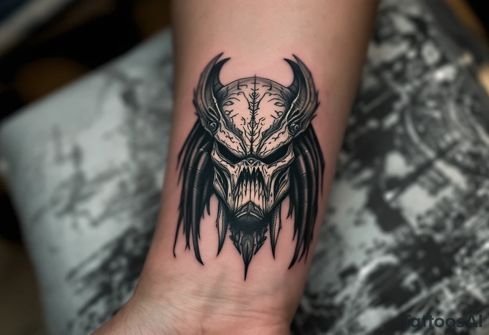 Titan Predator – A genetically superior, prehistoric Yautja, standing 14 feet tall, with thick, rock-like hide, primitive, rune-covered weapons, and a bio-mask carved from the skull of an ancient beast. tattoo idea