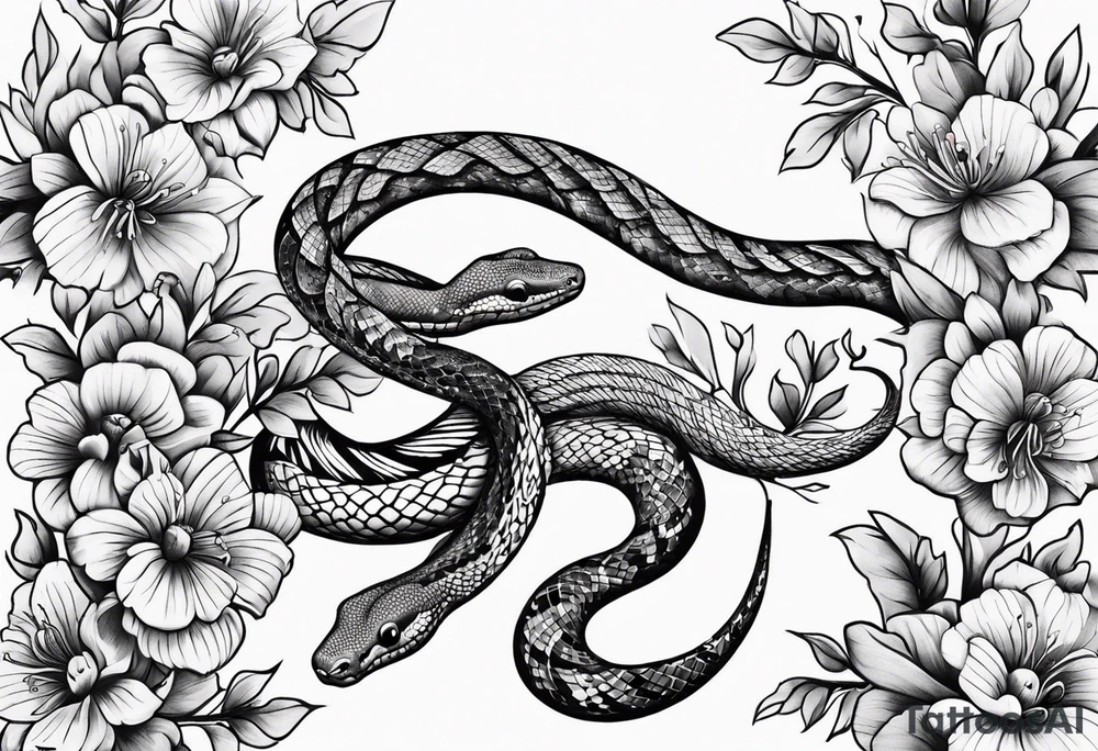 small simple snake with large flowers and long vines extending up and down tattoo idea