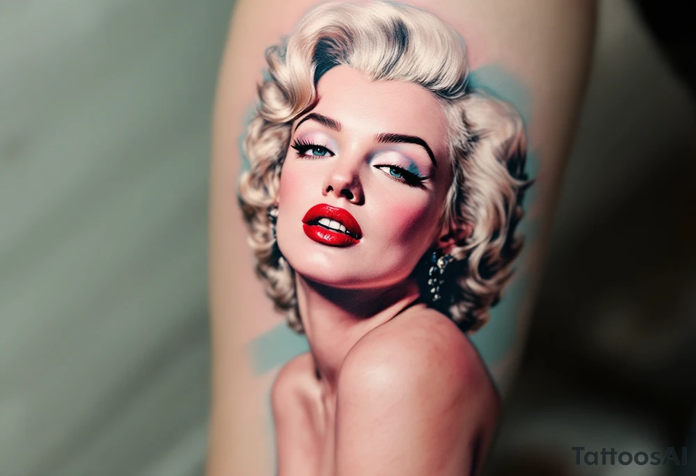 A vintage-style Marilyn in full color with platinum blonde hair, red lips, and a soft pastel background. tattoo idea