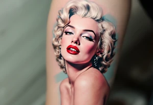 A vintage-style Marilyn in full color with platinum blonde hair, red lips, and a soft pastel background. tattoo idea