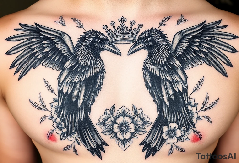 Chest tattoo,powerful majestic ravens with a crown, surrounded by floral ornaments and birds tattoo idea