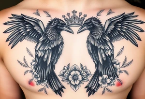 Chest tattoo,powerful majestic ravens with a crown, surrounded by floral ornaments and birds tattoo idea