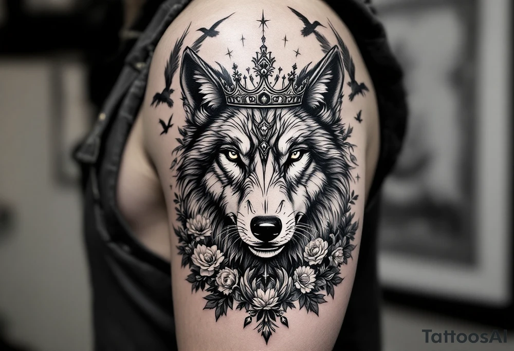 powerful majestic wolf with a crown, surrounded by floral ornaments and birds tattoo idea