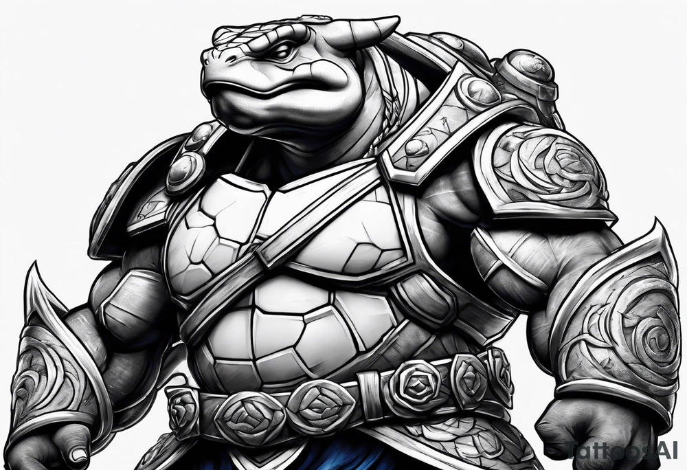 Blastoise angry with cannons on his shoulders tattoo idea