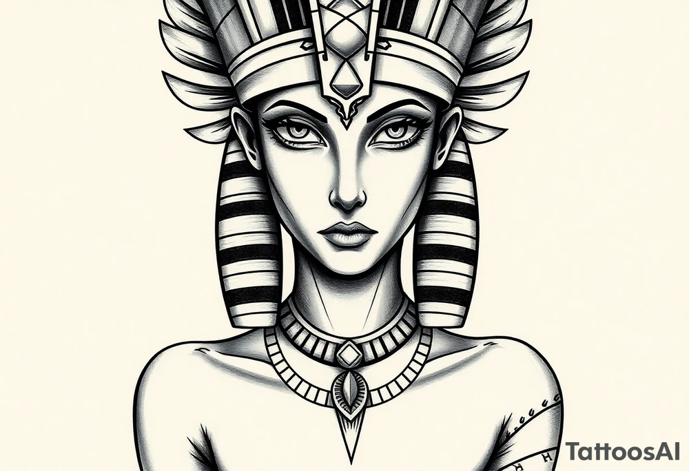 Tatuagem egípcia feminina detalhada, representando o deus egipicio Horus na sua forma de falcão da mitologica egipicio, com adornos e simbolos tradicionais egípicios, a figura está em posição frontal, com detalhes hieroglíficos sutis ao redor, integrados harmonicamente. Fundo minimalista, inspirado em papiro antigo, com tons terrosos suaves. Estilo artístico com traços finos, sombra leve para destacar volume, ideal para a parte frontal da canela, transmitindo elegância e misticismo. tattoo idea
