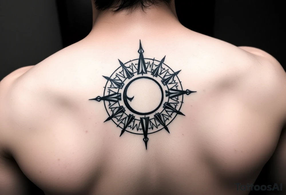 Compass declination marks shaped like a sun with a moon at the center of the image tattoo idea