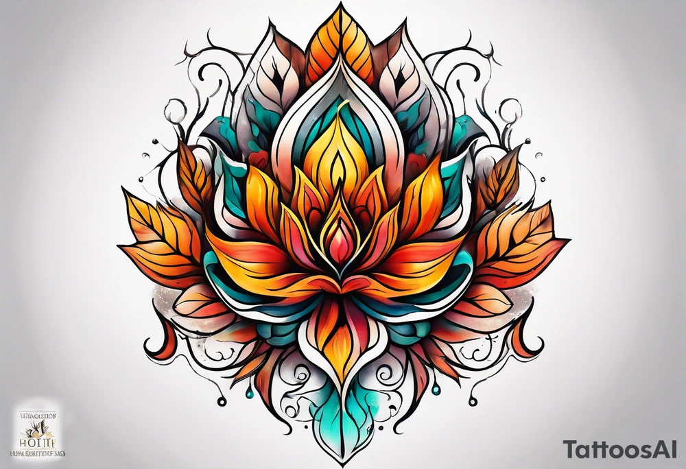 Knee tattoo in fall colors with water flow washes tattoo idea