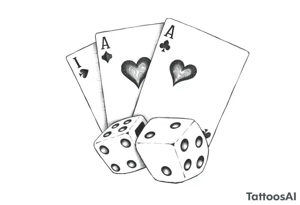 2 of hearts and 4 of hearts playing cards on top of two dices tattoo idea