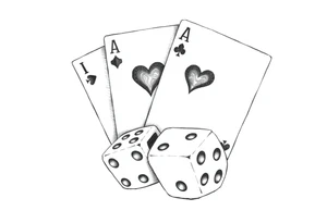 2 of hearts and 4 of hearts playing cards on top of two dices tattoo idea