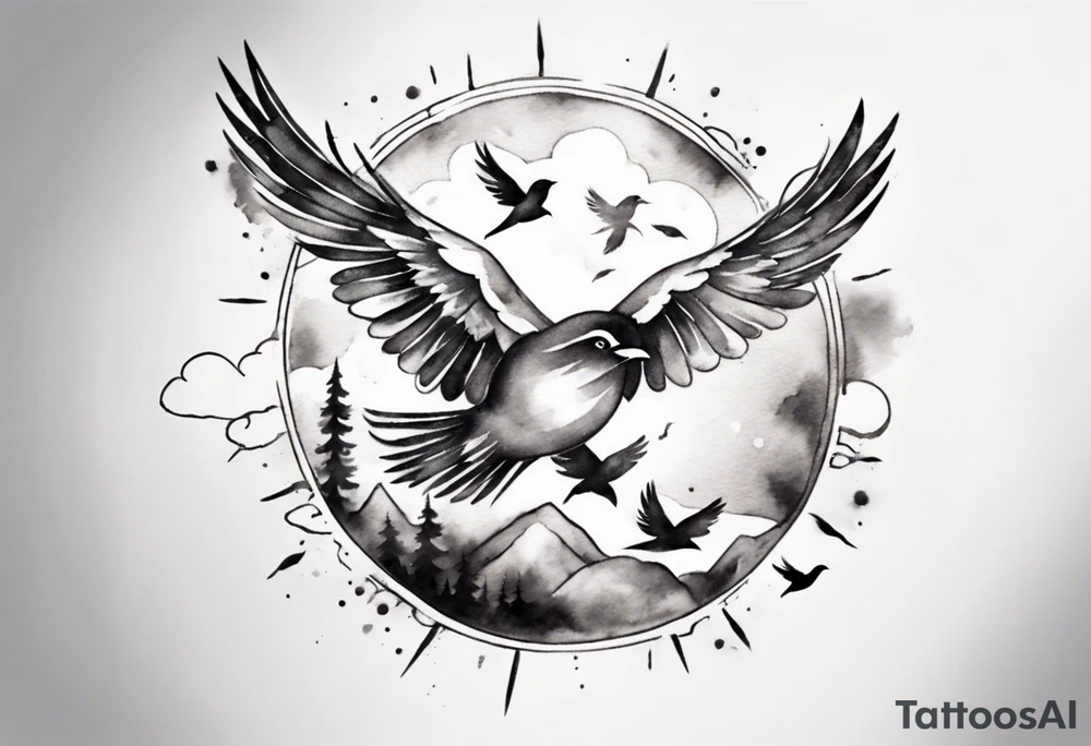 shoulder tattoo with light rays with birds flying free among the clouds, round shape tattoo idea