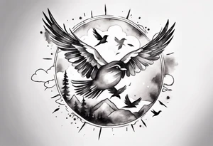 shoulder tattoo with light rays with birds flying free among the clouds, round shape tattoo idea