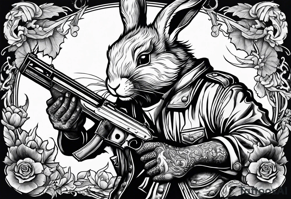 rabbit with gun fighting with dragon tattoo idea