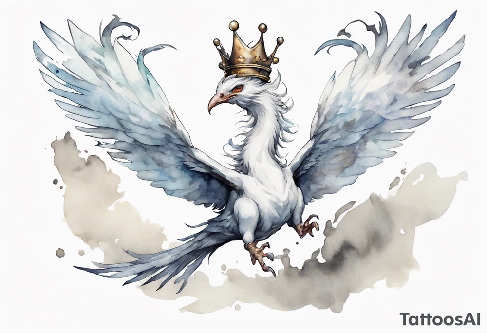 a white bird-wyrm hybrid, wearing a pewter crown on its head, flying in the air tattoo idea