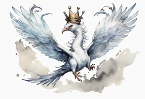 a white bird-wyrm hybrid, wearing a pewter crown on its head, flying in the air tattoo idea